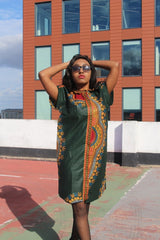 Aztec Dress, African Shirt Dress in Green Dashiki Print - Festival Dress - Continent Clothing