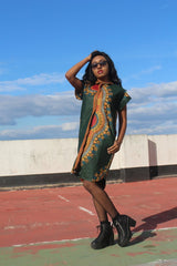 Aztec Dress, African Shirt Dress in Green Dashiki Print - Festival Dress - Continent Clothing