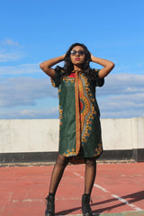 Aztec Dress, African Shirt Dress in Green Dashiki Print - Festival Dress - Continent Clothing