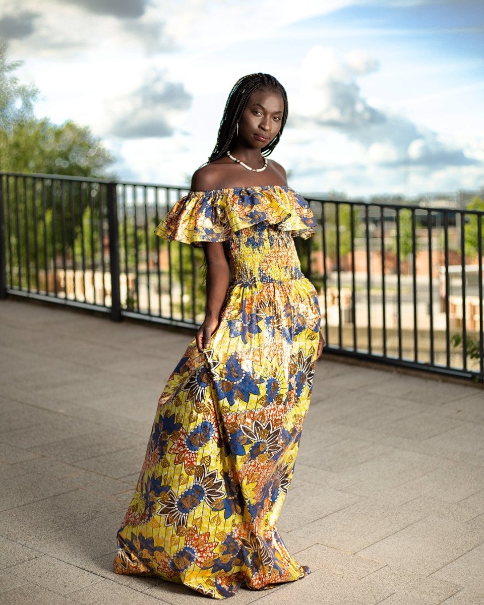 Beautiful African Maxi Dress In Metallic Gold Blue - Continent Clothing