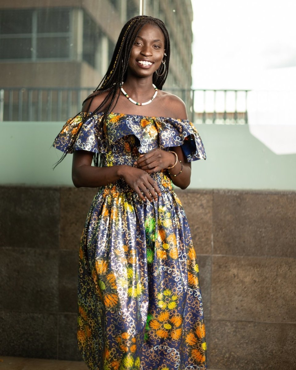 Beautiful African Maxi Dress In Metallic Gold Blue - Continent Clothing