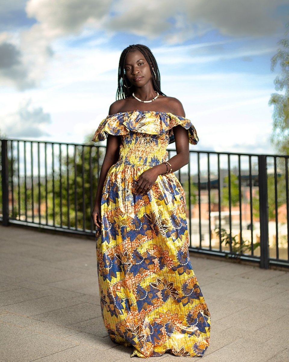 Beautiful African Maxi Dress In Metallic Gold Blue - Continent Clothing