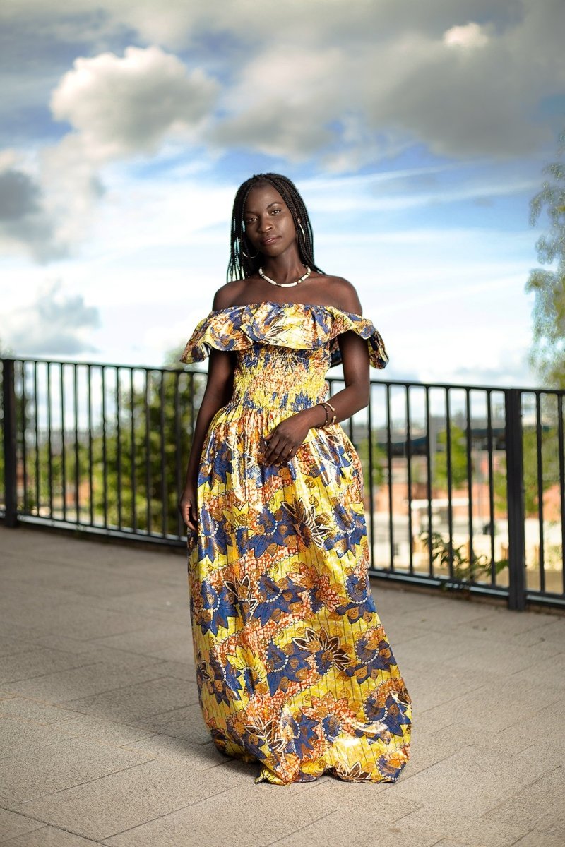 Beautiful African Maxi Dress In Metallic Gold Blue - Continent Clothing
