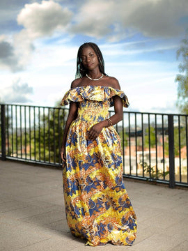 Bellissimo africano Maxi Abito In Metallic Gold Blu