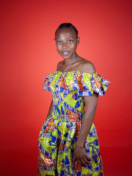 Beautiful African Midi Dress In Metallic Gold Blue