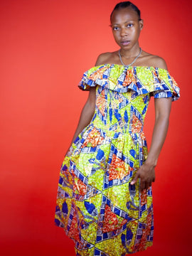 Beautiful African Midi Dress In Metallic Gold Blue