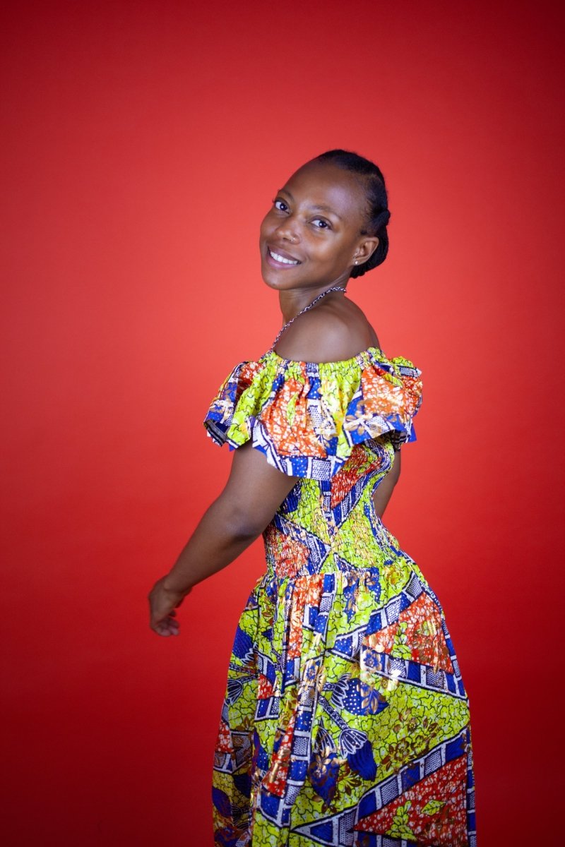 Beautiful African Midi Dress In Metallic Gold Blue - Continent Clothing