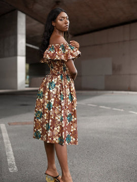 Beautiful African Midi Dress In Metallic Gold Brown