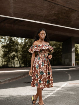 Beautiful African Midi Dress In Metallic Gold Brown
