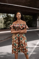 Beautiful African Midi Dress In Metallic Gold Brown - Continent Clothing