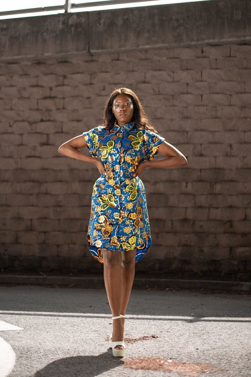 Beautiful Blue Gold African Dress - Continent Clothing