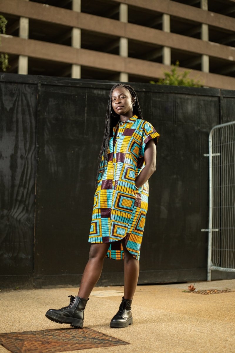 Brilliant Blue African Shirt Dress In Beautiful Blue Kente - Continent Clothing