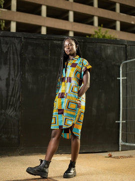 Brilliant Blue African Shirt Dress In Beautiful Blue Kente