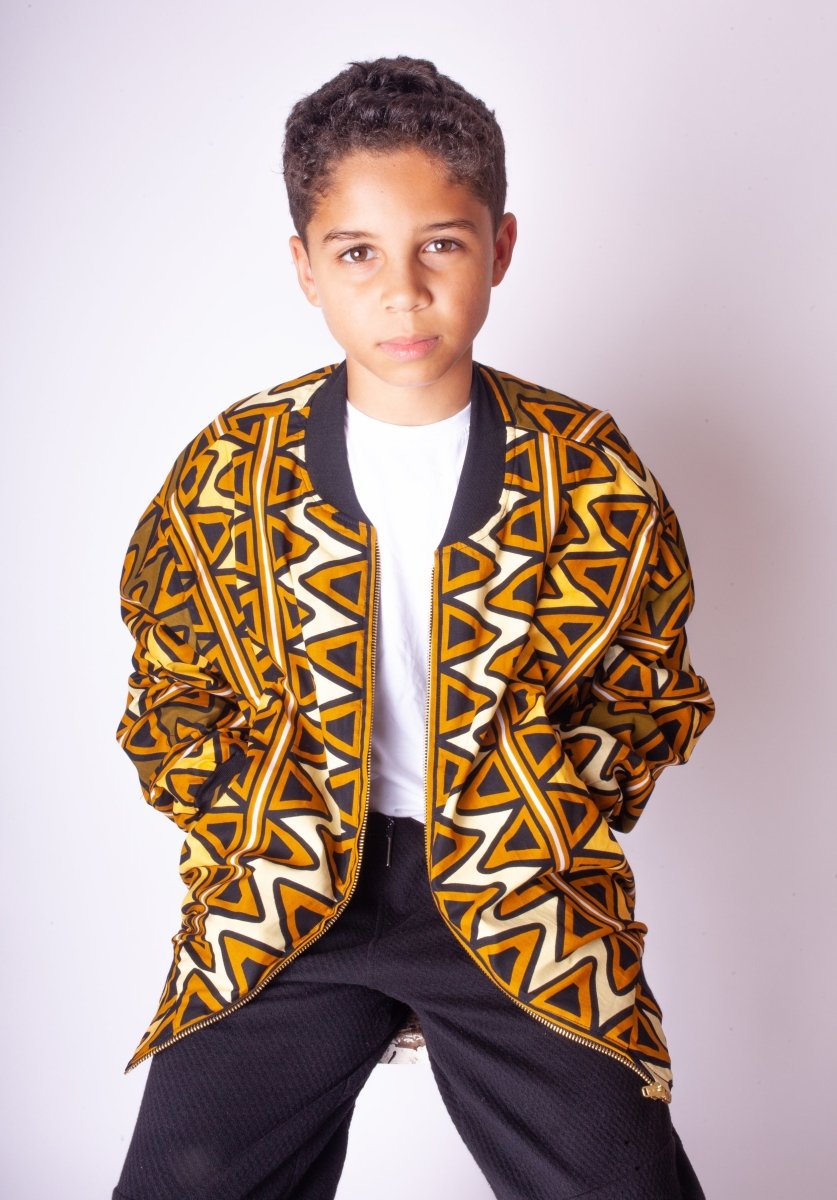 Children's African Bomber Jacket In Earthy Tones Mud Cloth - Continent Clothing 