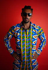 Crazy Blue Kente African Shirt - Continent Clothing