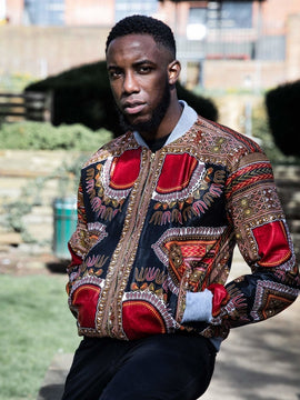 Dashiki Jacket in Black and Red Print- Festival Clothing