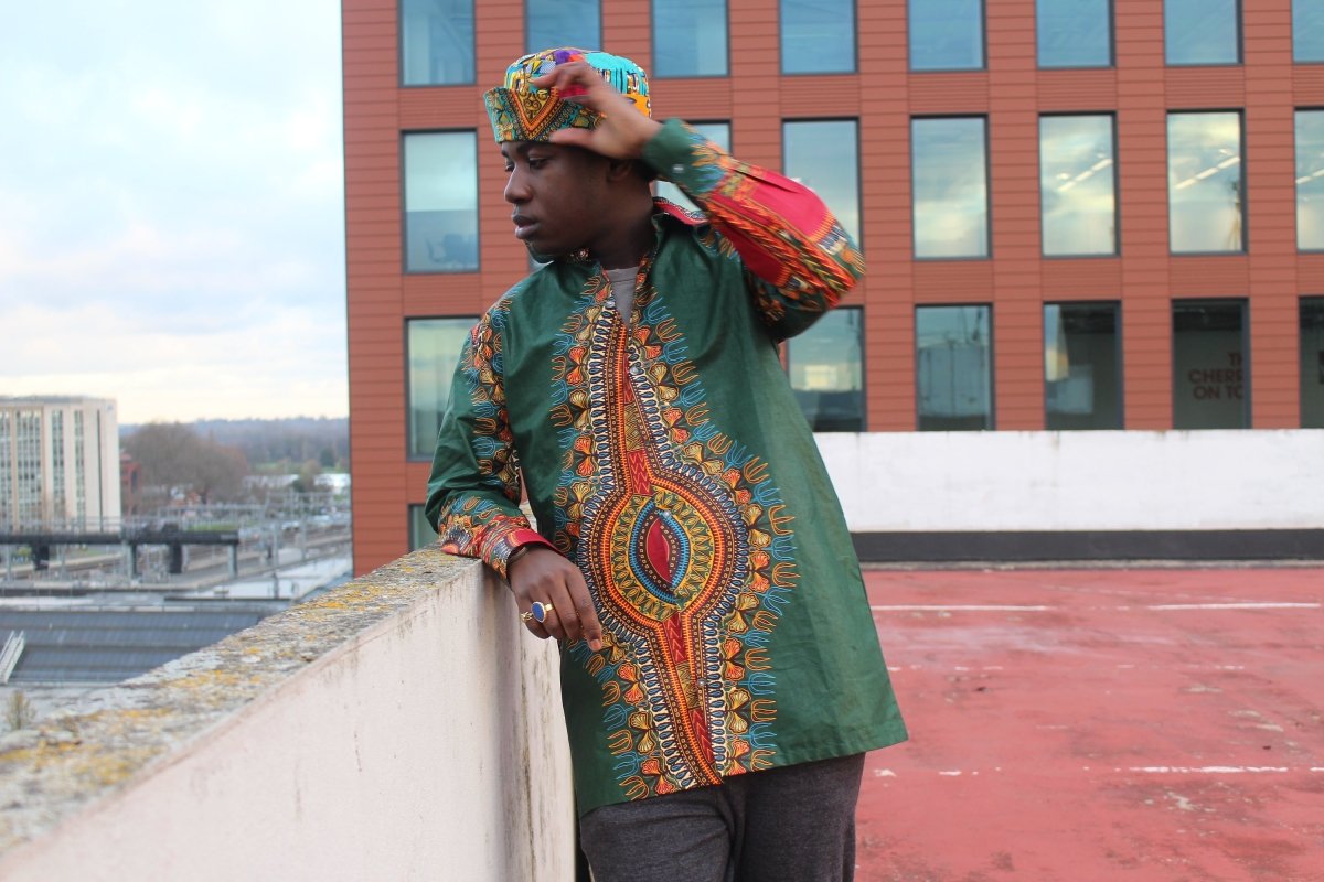 Dashiki Shirt in Green Print - Festival Clothing - Continent Clothing