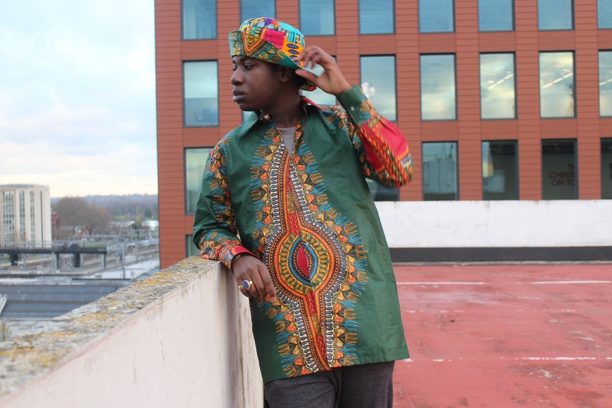 Dashiki Shirt in Green Print - Festival Clothing - Continent Clothing