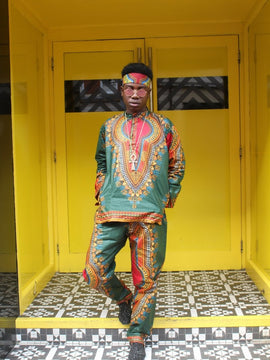 Pantalon Dashiki en imprimé vert africain - Vêtements Festival