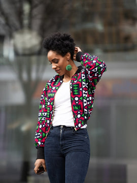 African Bomber Jacket In Blue Blue Kente Print