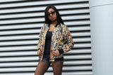Festival Bomber Jacket in Gold Blue Ankara - Continent Clothing