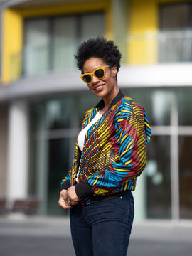 African Bomber Jacket In Blue Blue Kente Print