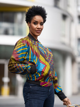 African Bomber Jacket In Blue Blue Kente Print