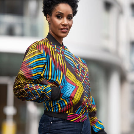 Afrikanische Bomber Jacke in elektrisch blau Kente Print