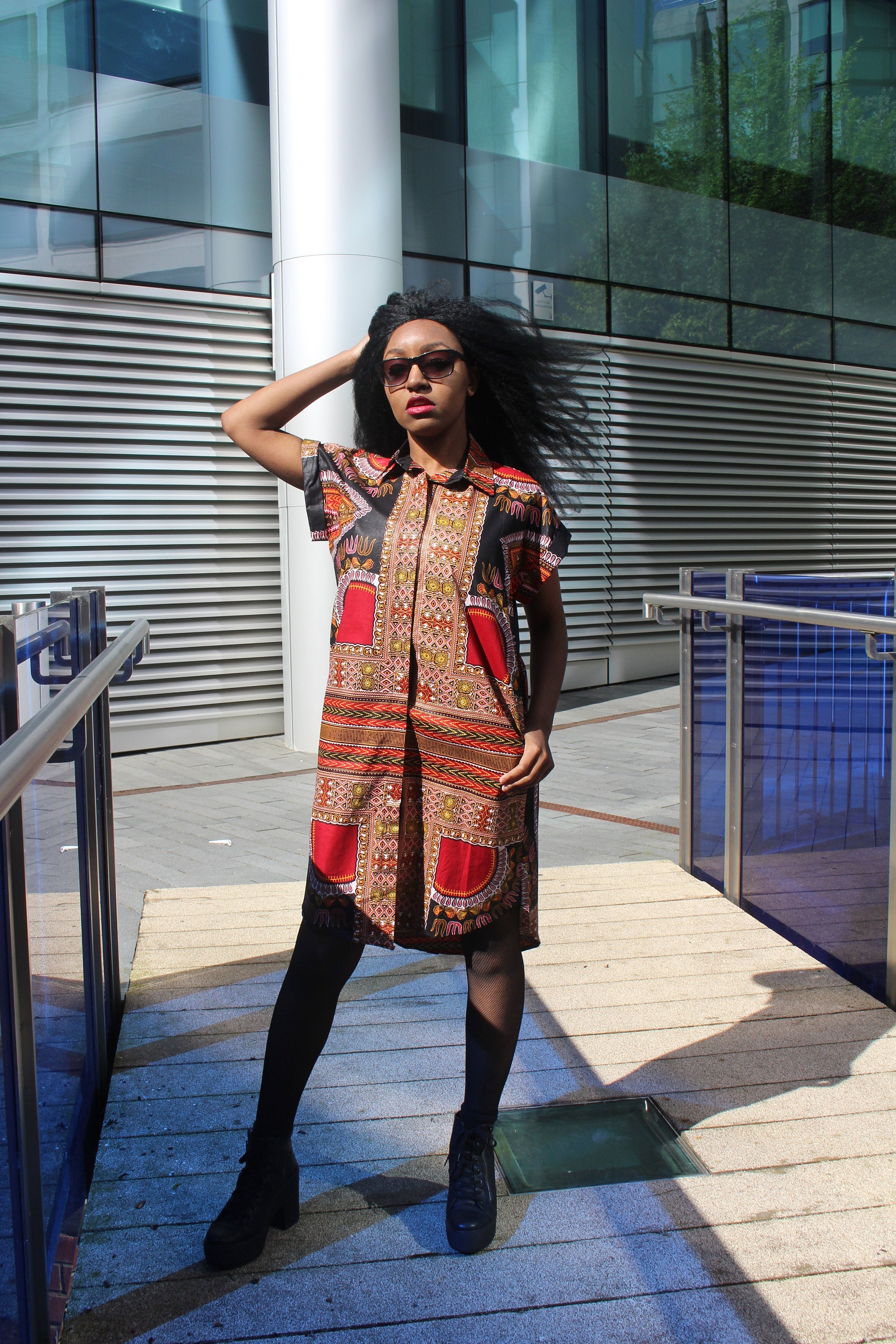 Aztec Dress, African Shirt Dress in Black Dashiki Print - Festival Dress - Continent Clothing