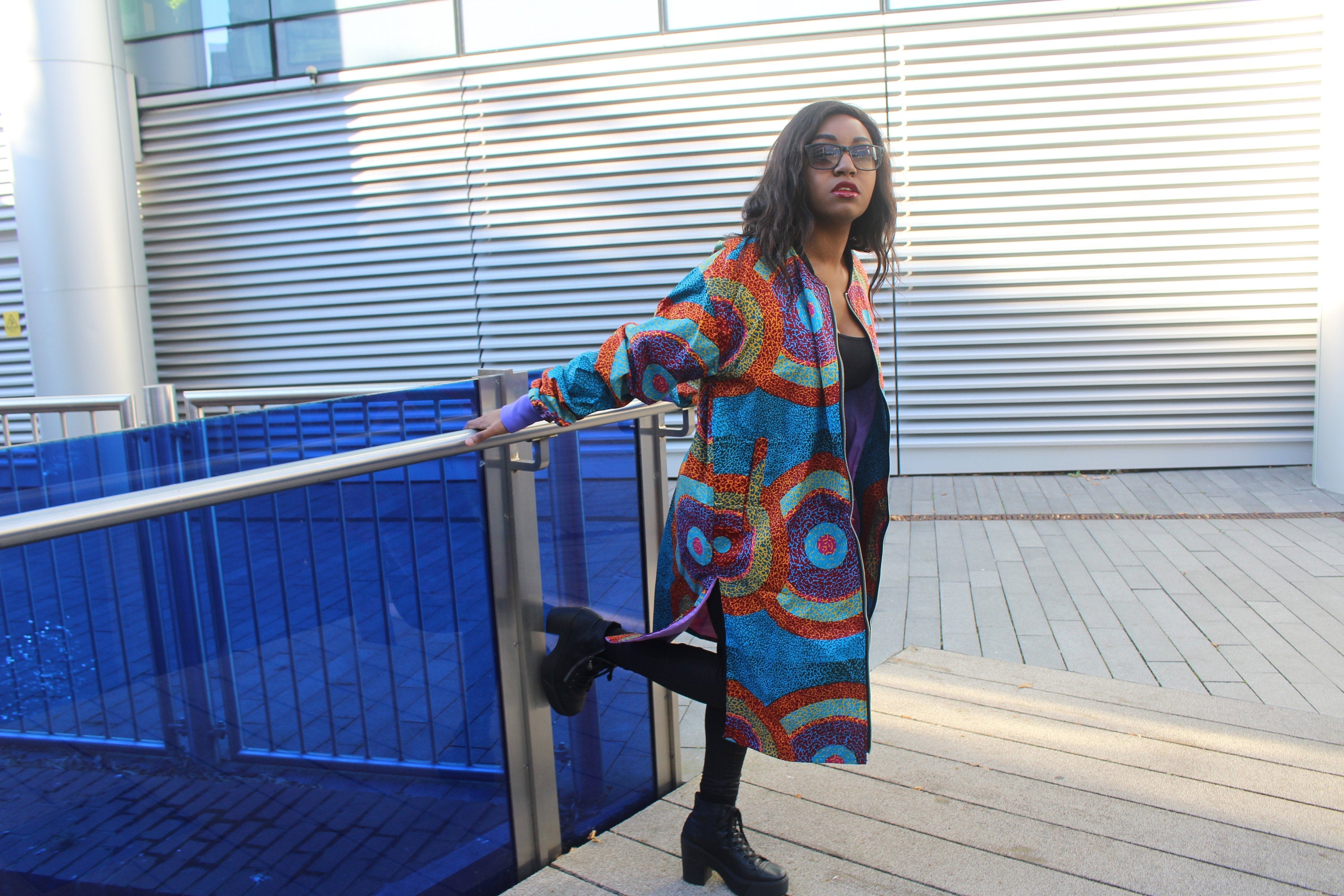 African Trench Coat in Blue Ankara Print - Festival Coat - Continent Clothing
