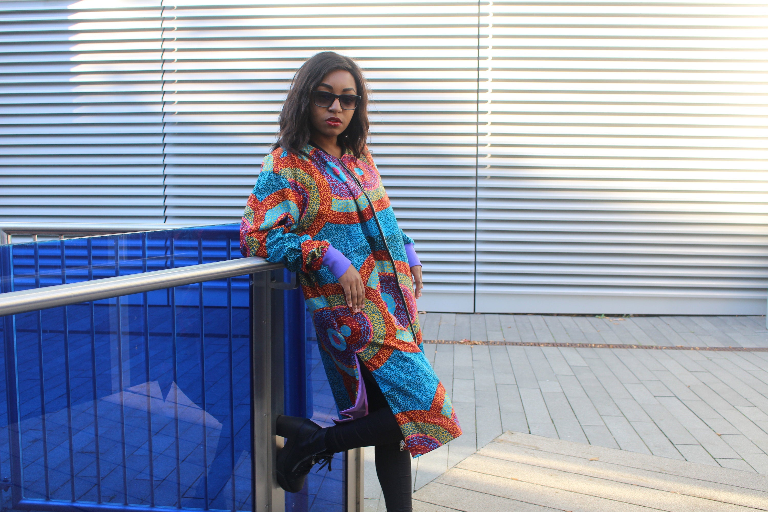 African Trench Coat in Blue Ankara Print - Festival Coat - Continent Clothing