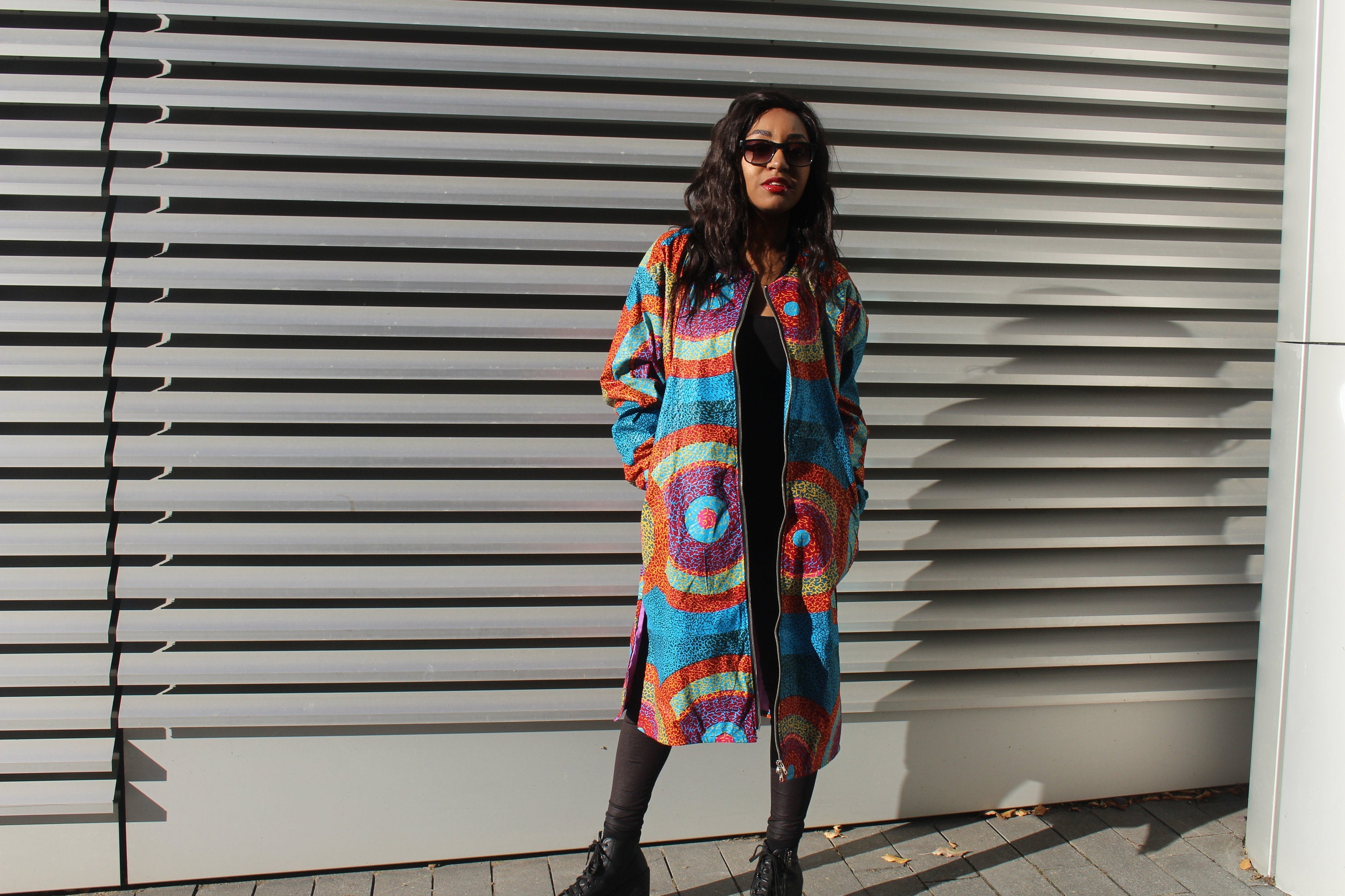 African Trench Coat in Blue Ankara Print - Festival Coat - Continent Clothing