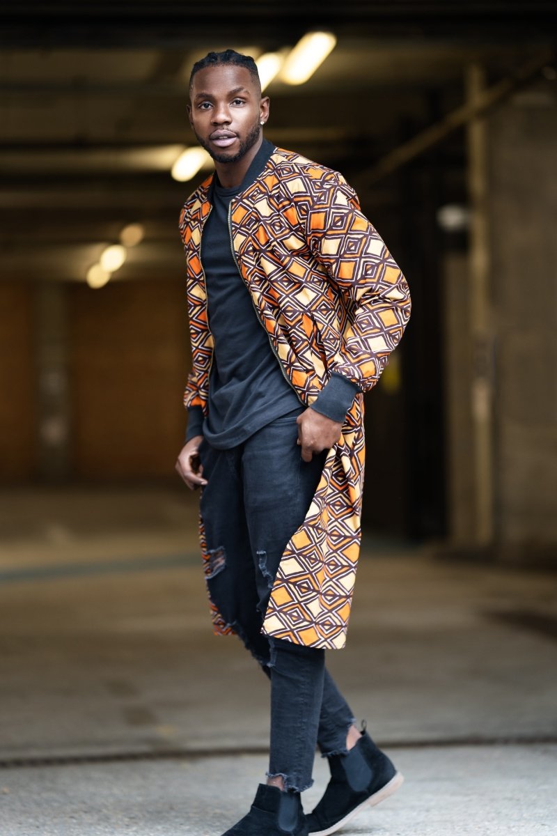 Kente Trench Coat in Orange Print - Continent Clothing