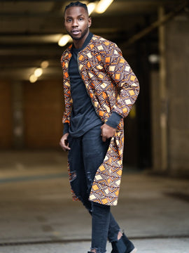 Kente Trench Coat in Orange Print