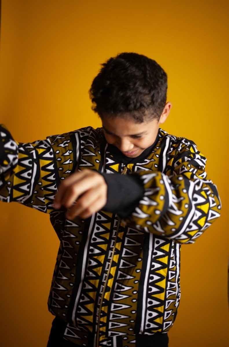 Kids African Bomber Jacket In Earthy Tones Mud Cloth - Continent Clothing