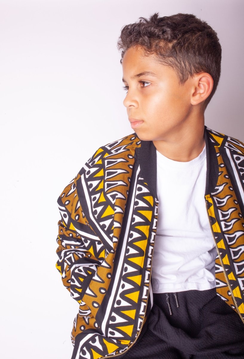 Kids African Bomber Jacket In Earthy Tones Mud Cloth - Continent Clothing