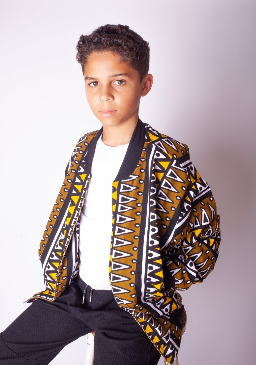 Kids African Bomber Jacket In Earthy Tones Mud Cloth - Continent Clothing