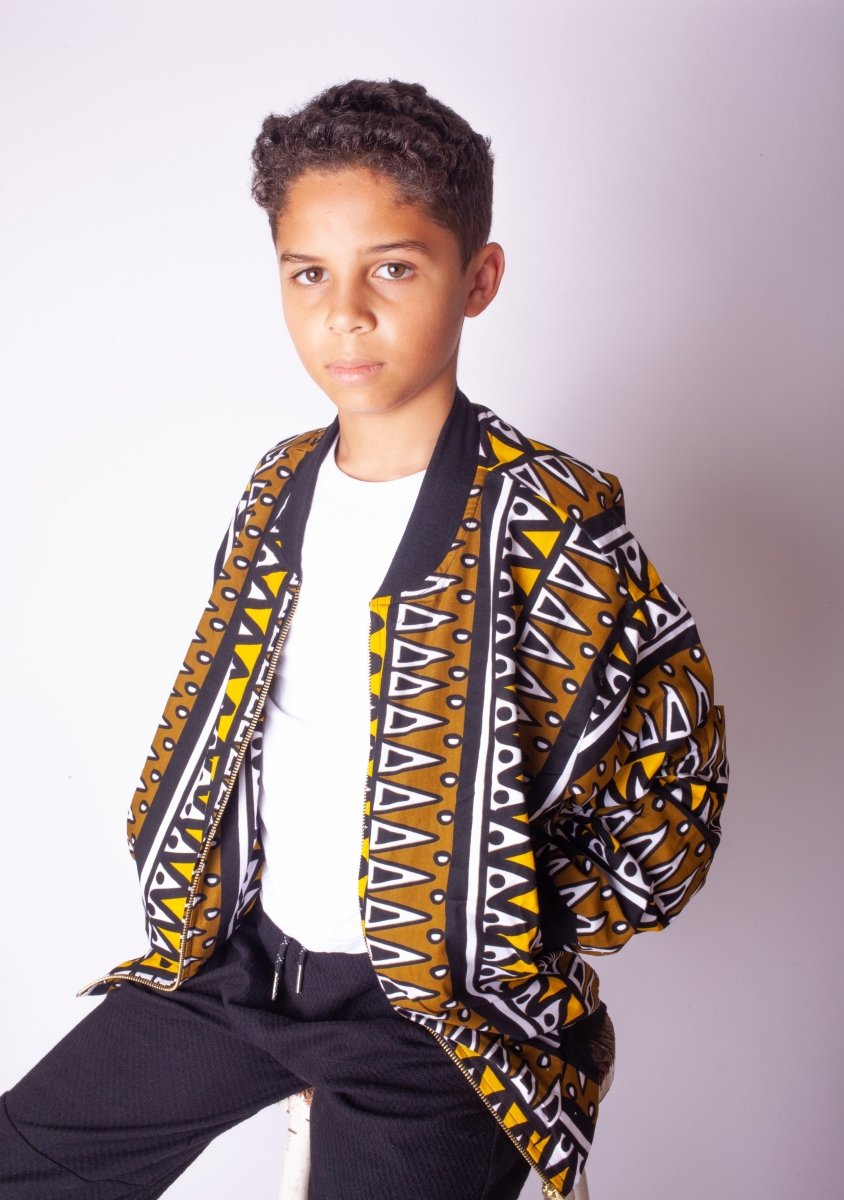 Kids African Bomber Jacket In Earthy Tones Mud Cloth - Continent Clothing 