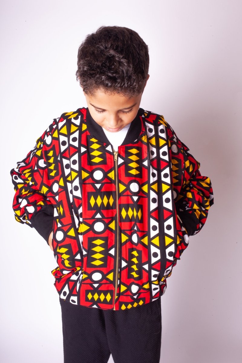 Kids African Bomber Jacket In Electric Red - Continent Clothing