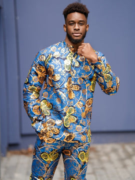 Costume africain assorti en bleu or