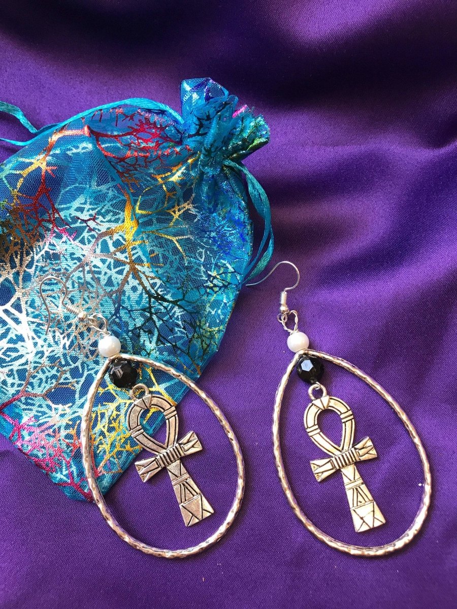 Statement Silver Earrings with Ankh Charm - Continent Clothing