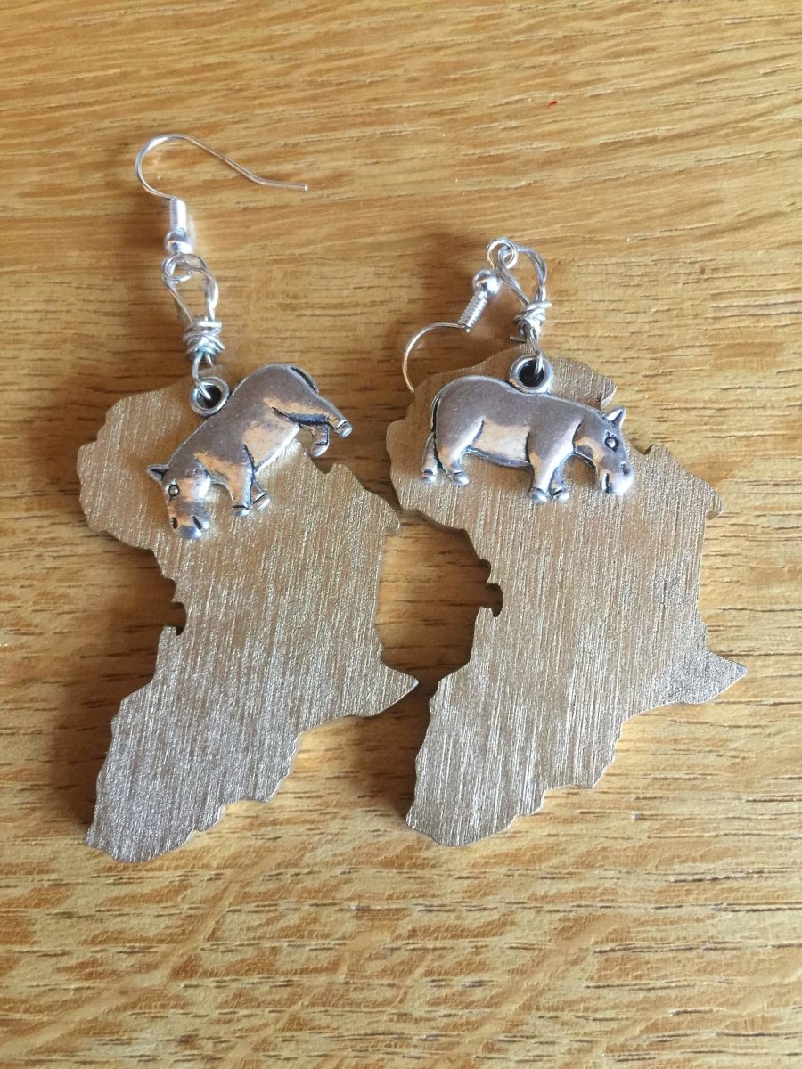 Africa Earrings with Hippo Charm made with Recycled Wood - Continent Clothing 