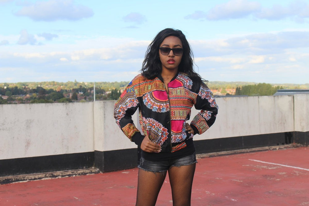 African Bomber Jacket in Black Dashiki Print - Festival Jacket - Continent Clothing 