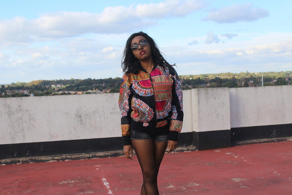 African Bomber Jacket in Black Dashiki Print - Festival Jacket - Continent Clothing 
