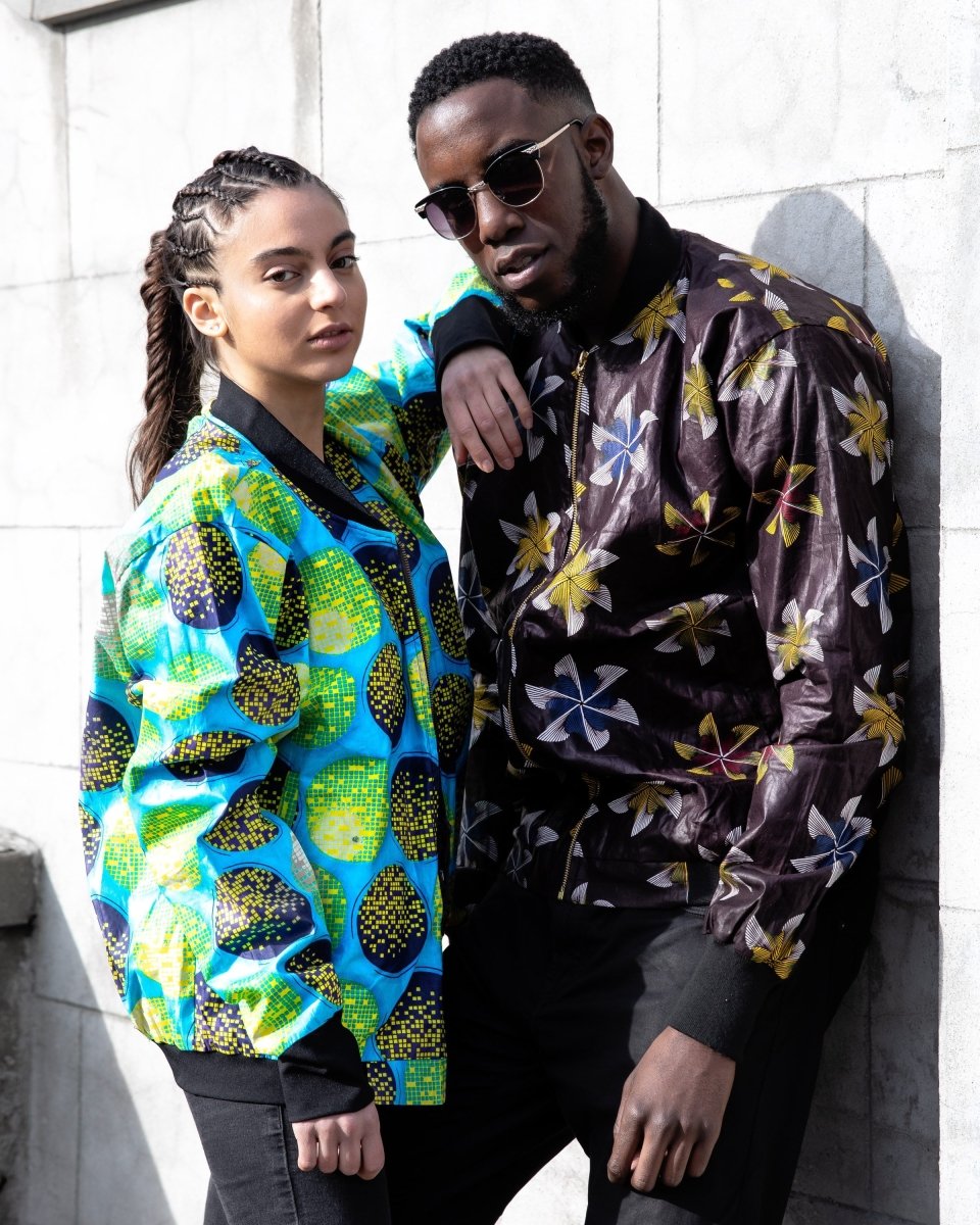 African Bomber Jacket in Blue Ankara Print - Continent Clothing 