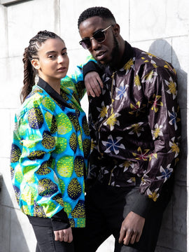 African Bomber Jacket in Blue Ankara Print
