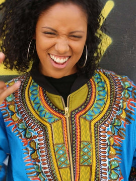 African Bomber Jacket in Blue Dashiki Print- Festival Clothing