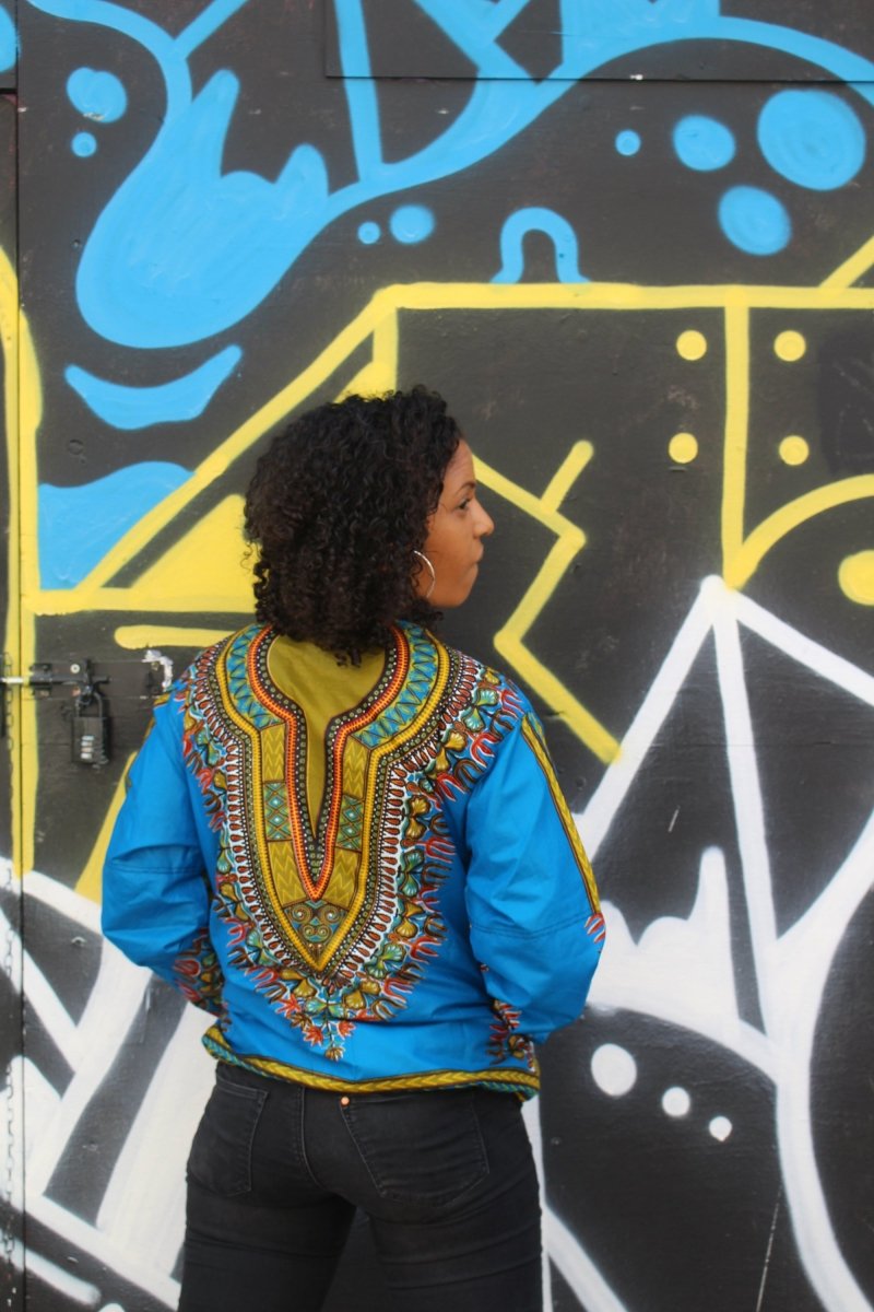African Bomber Jacket in Blue Dashiki Print- Festival Clothing - Continent Clothing 