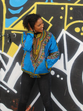 African Bomber Jacket in Blue Dashiki Print- Festival Clothing