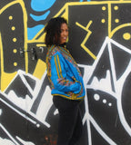 African Bomber Jacket in Blue Dashiki Print- Festival Clothing - Continent Clothing 